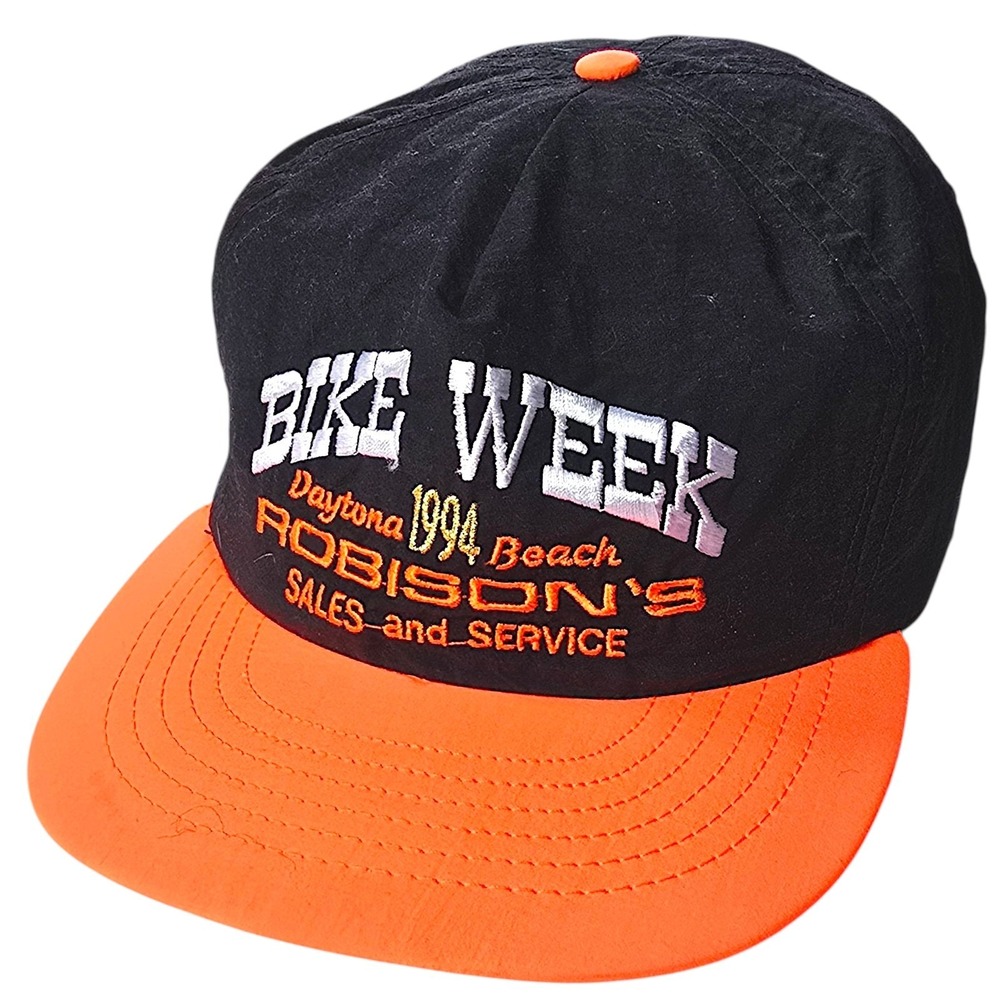 Vintage 1994 Daytona Beach Bike Week Snapback Hat Black Orange Robison's Made...